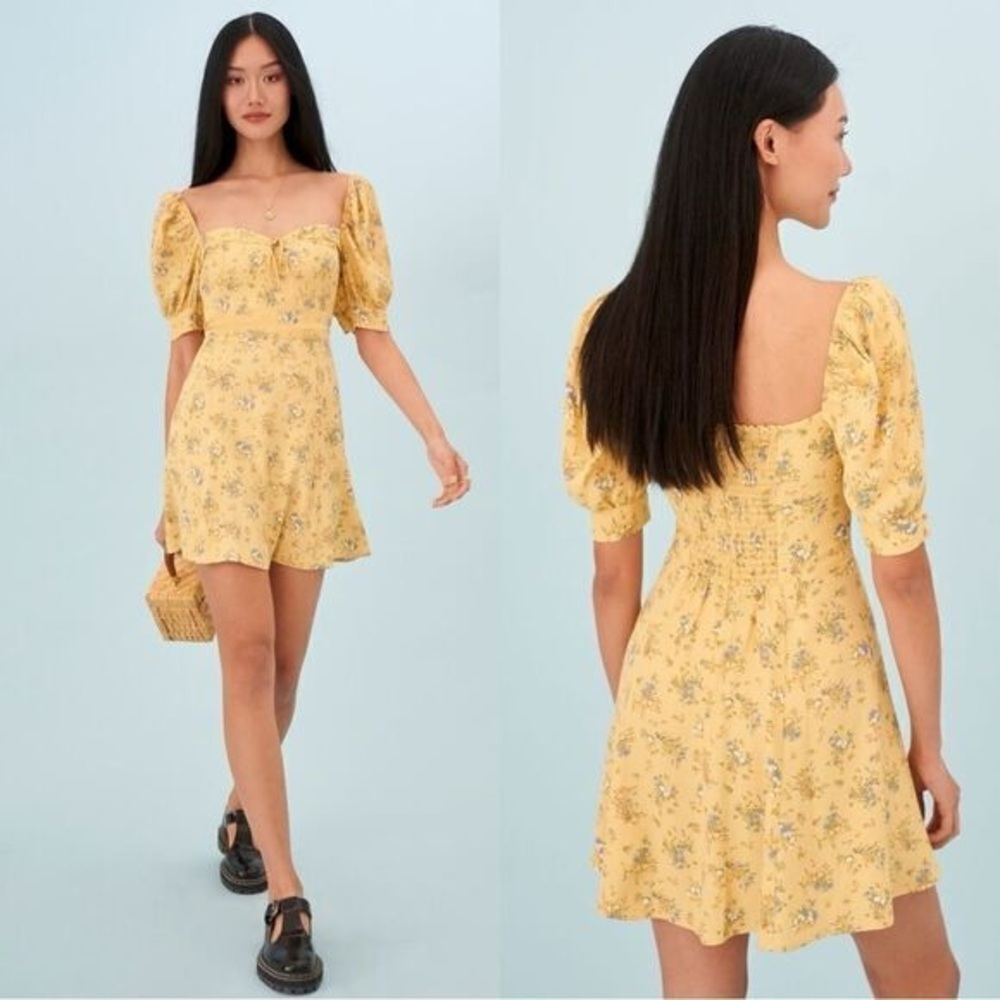 REFORMATION Floral Yellow Dress with Puff Sleeves Size 14
